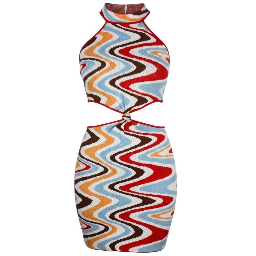 Princess Polly Mini Dress XS Multicolor Wave Knit Cutout Y2K Retro Festival Mod